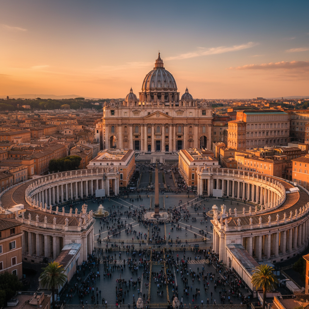 Vatikan urban landscape, bustling squares, horizontal