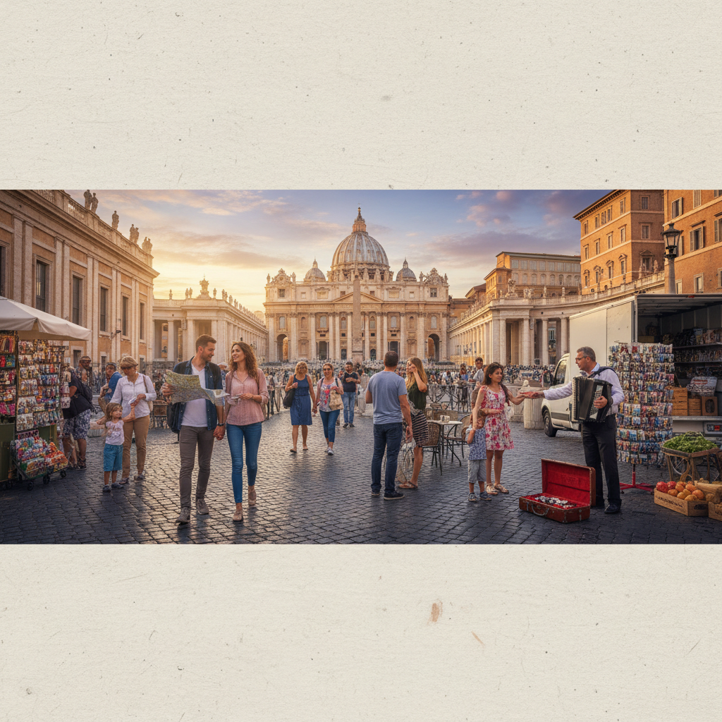 Vatikan city streets, people interacting, economy, horizontal