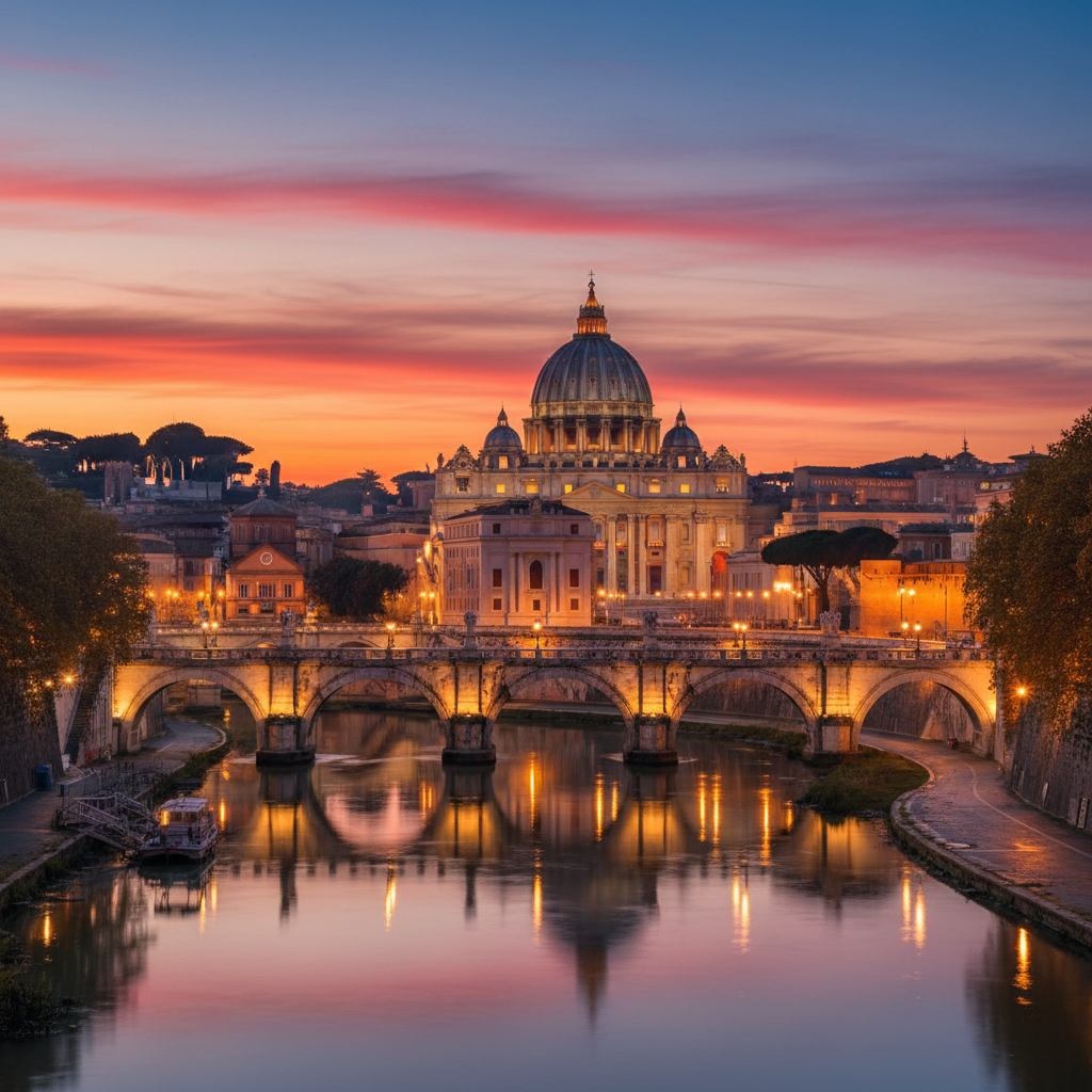 Vatikan romantic cityscape, evening lights, horizontal