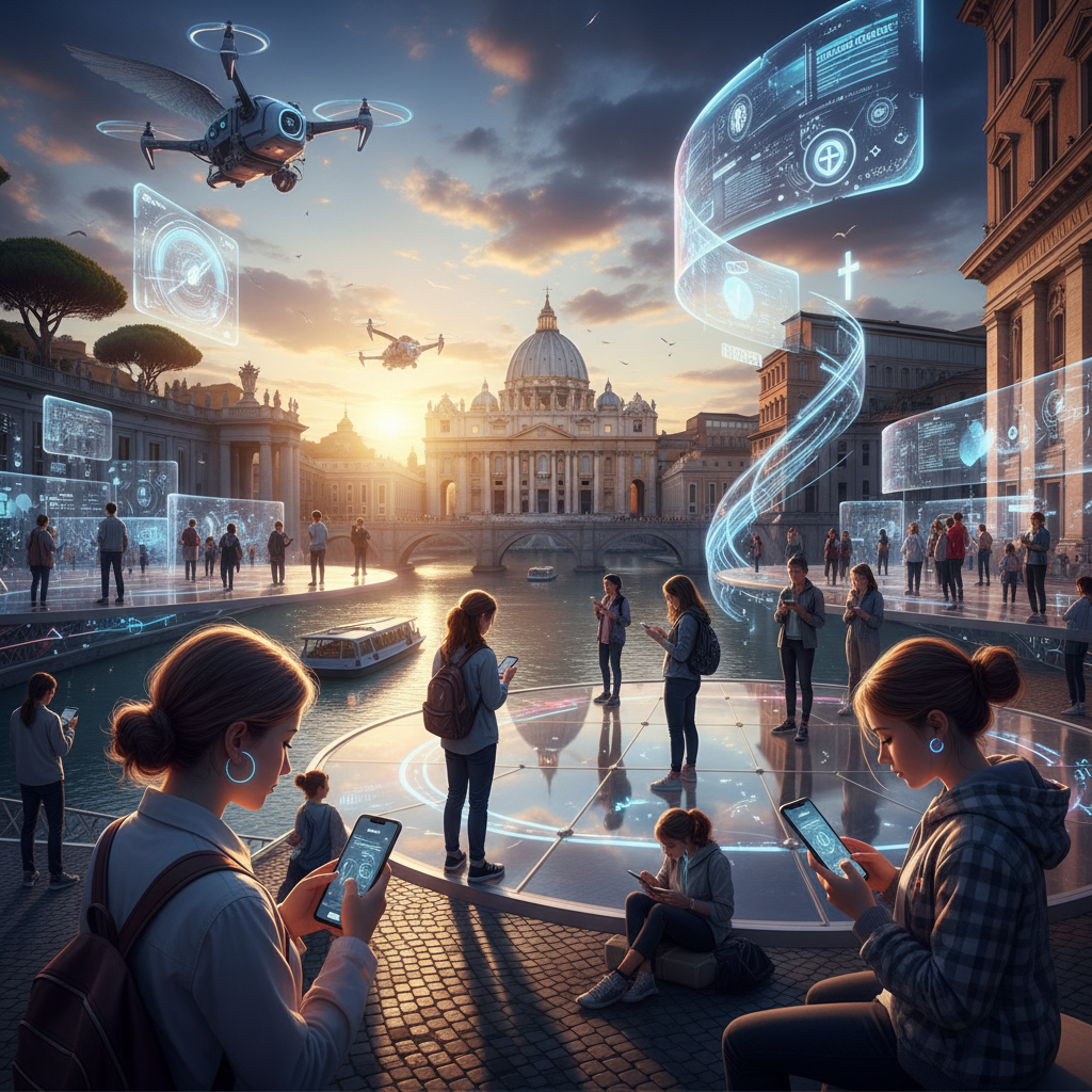 Vatikan technology, young people on phones, trends, horizontal