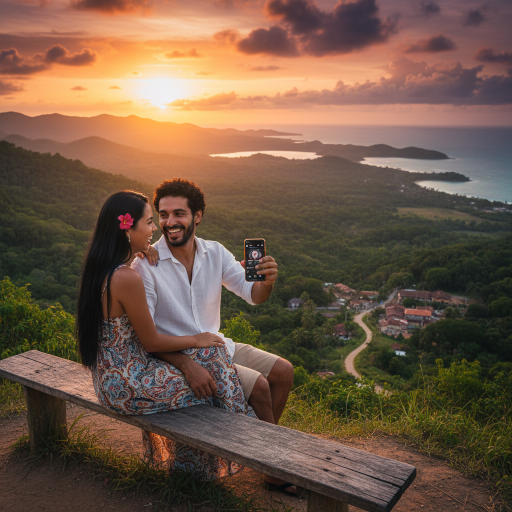 couple using a dating app on a smartphone in Venezuela, horizontal photo
