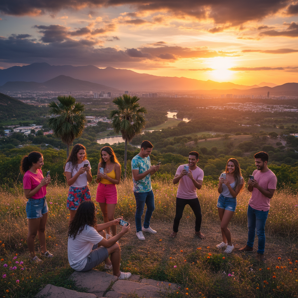 young adults engaging with social media trends in Venezuela, horizontal photo