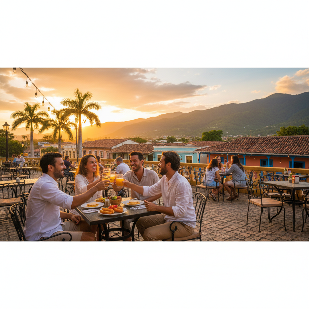 friends meeting at a trendy cafe in Maracaibo, Venezuela, horizontal photo