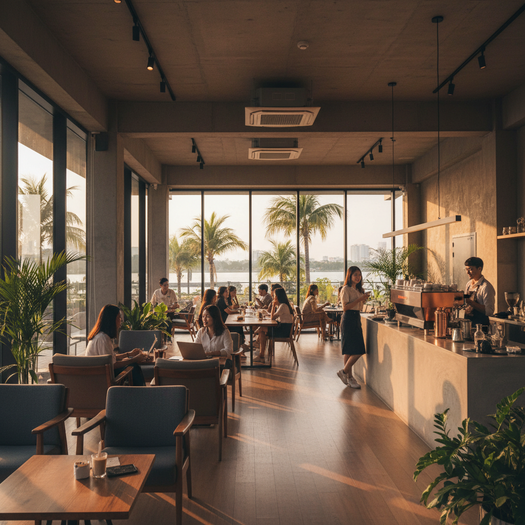 Modern cafe interior in Da Nang with young people chatting and working, natural light, horizontal