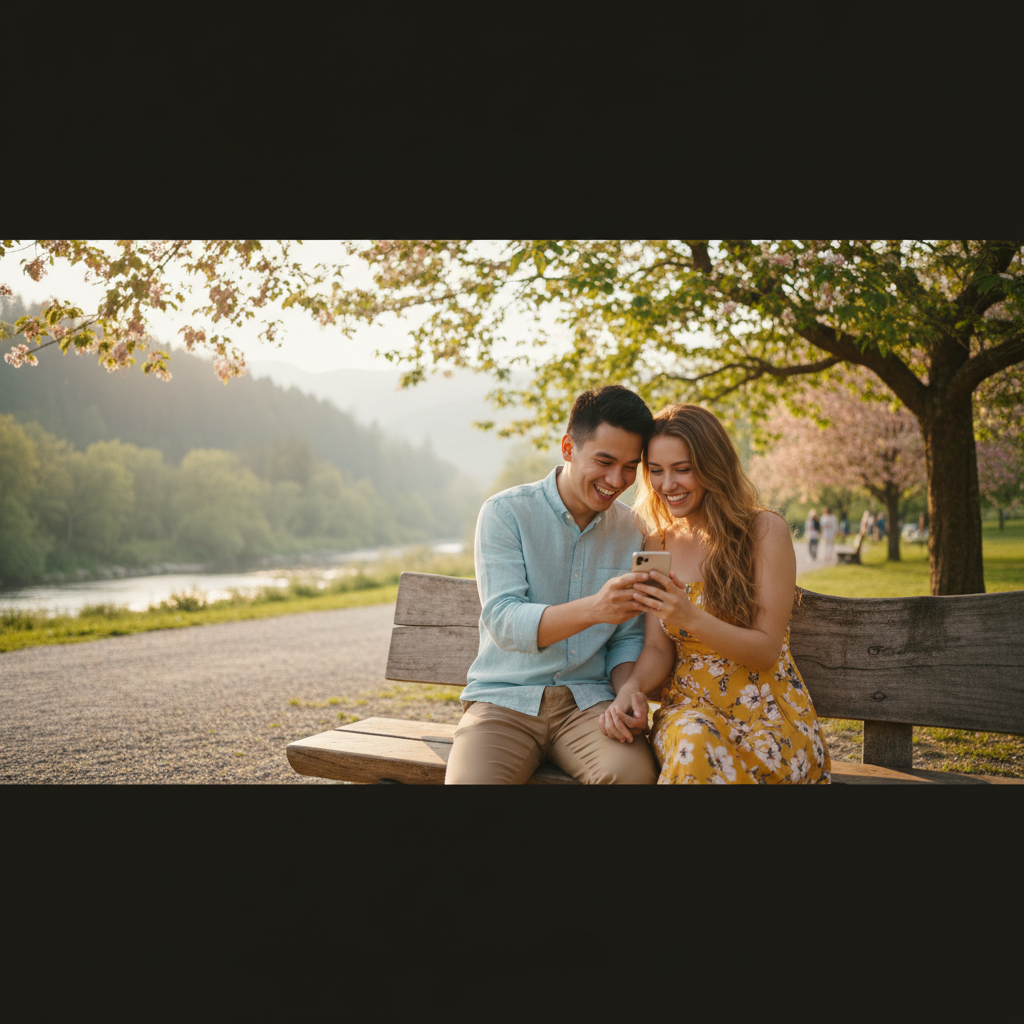 Young Vietnamese couple smiling and looking at a phone screen together in a park, daytime, horizontal