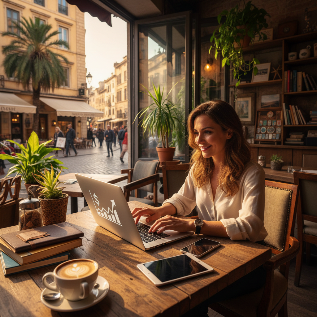 Woman working on a laptop in a bright cafe, coffee on the table, earning concept, horizontal