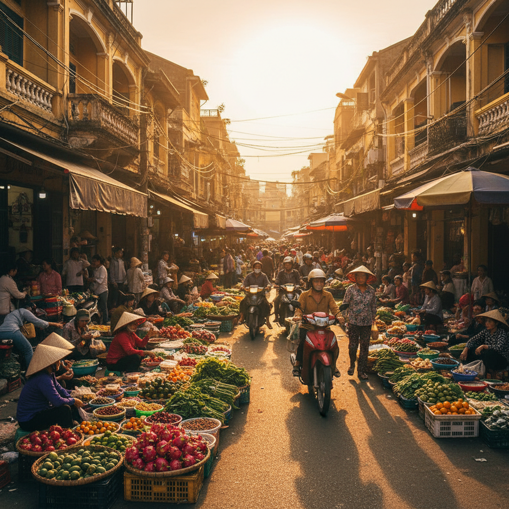 Bustling street market in Hanoi with vendors and shoppers, vibrant colors, horizontal