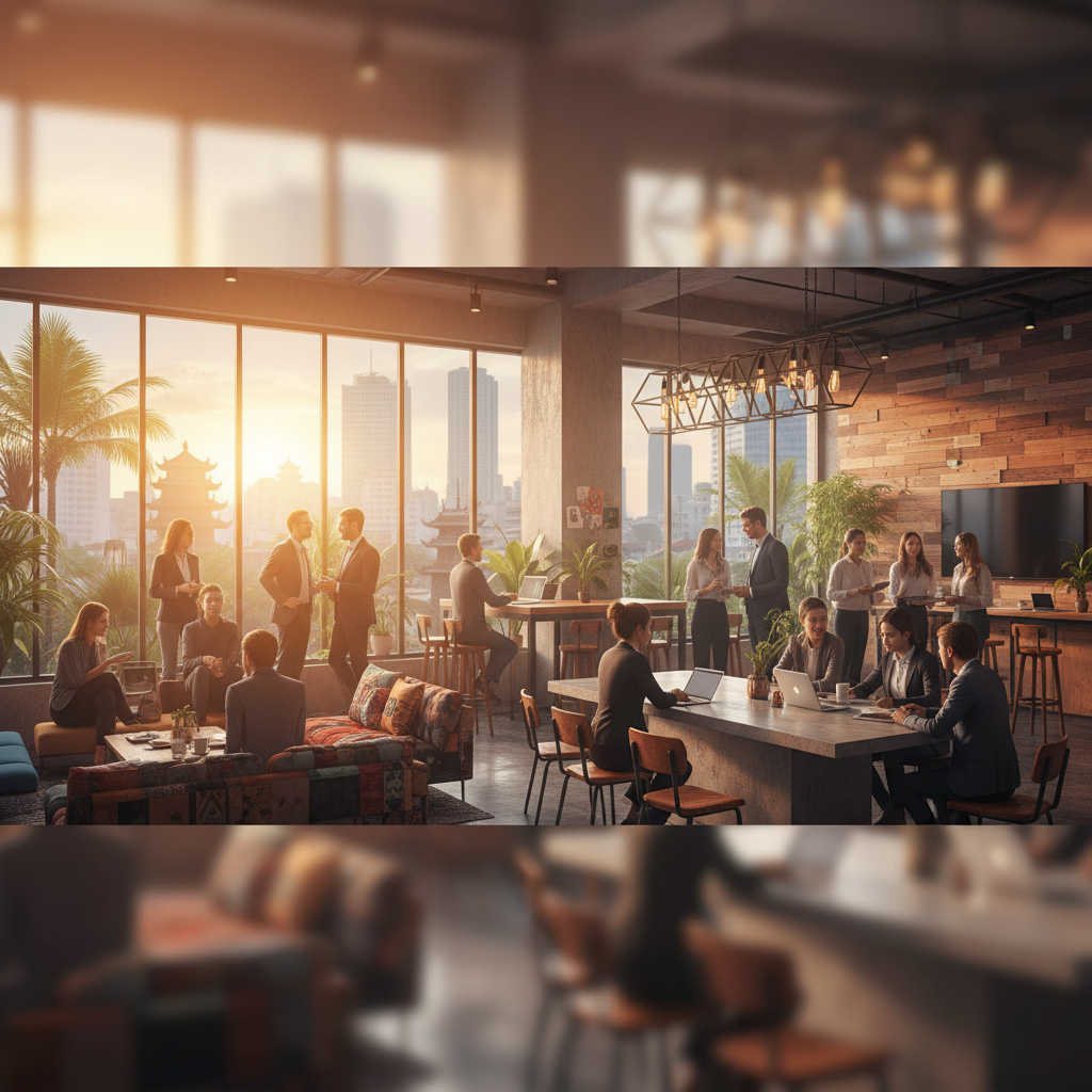 People networking at a co-working space in Ho Chi Minh City, professional setting, horizontal