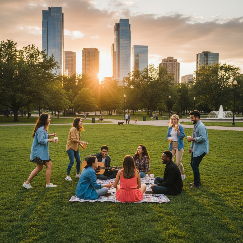 Group of diverse young adults gathered outdoors in a city park, socializing, horizontal