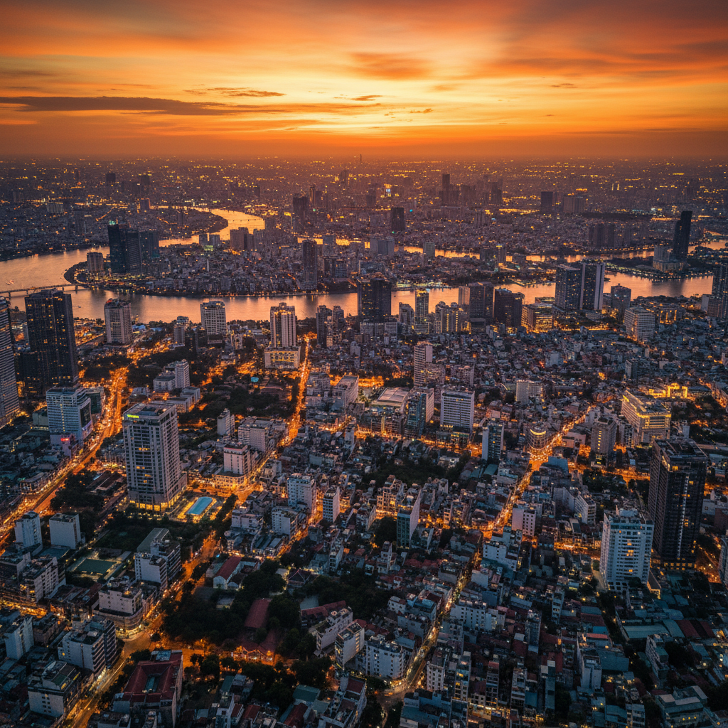 Aerial cityscape of Ho Chi Minh City at dusk, wide angle, horizontal