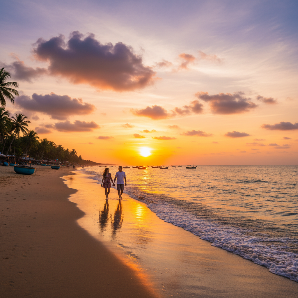 Couple walking hand-in-hand along a scenic beach in Vietnam, sunset, romantic, horizontal