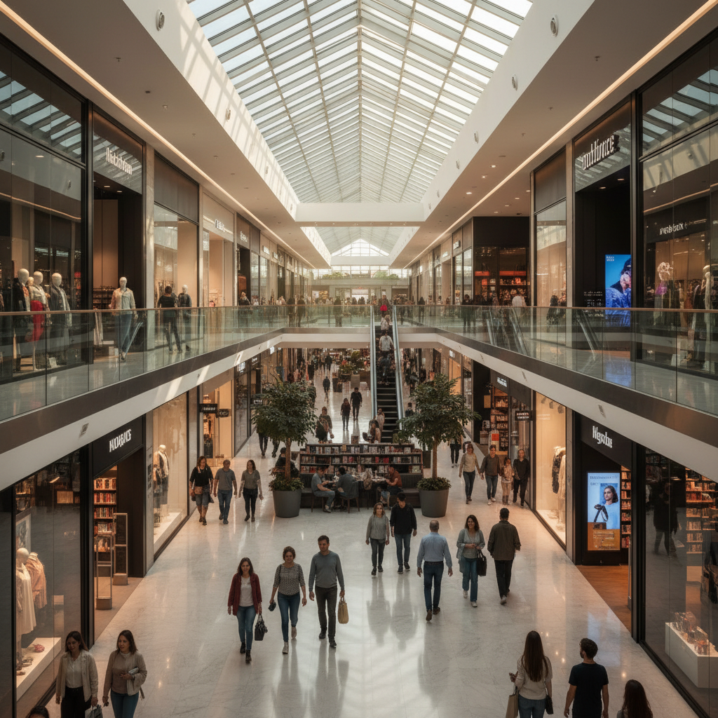 Modern shopping mall interior with diverse storefronts and shoppers, bright and clean, horizontal