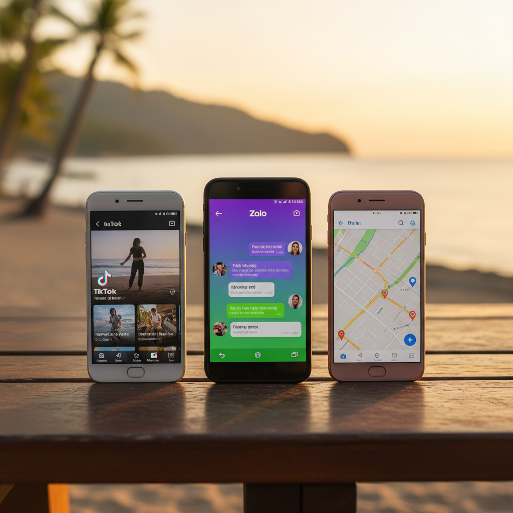 Close-up of smartphones displaying social media apps like Zalo and TikTok, clean background, horizontal