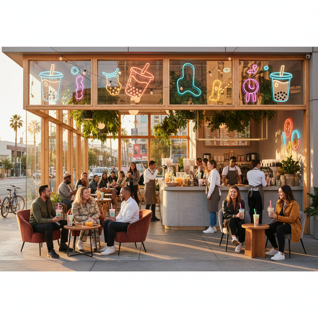 Trendy bubble tea shop with patrons enjoying drinks, bright and lively atmosphere, horizontal