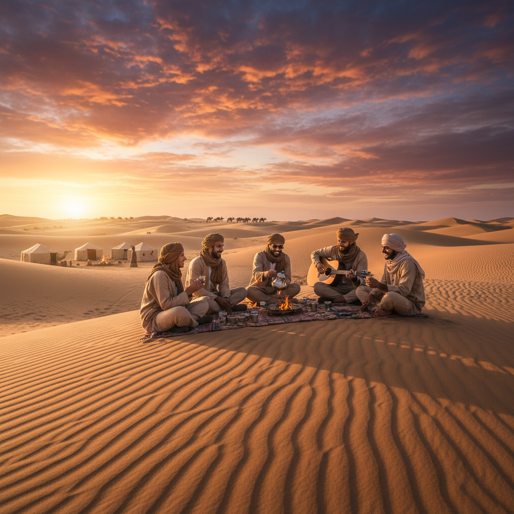 group of friends connecting in Western Sahara