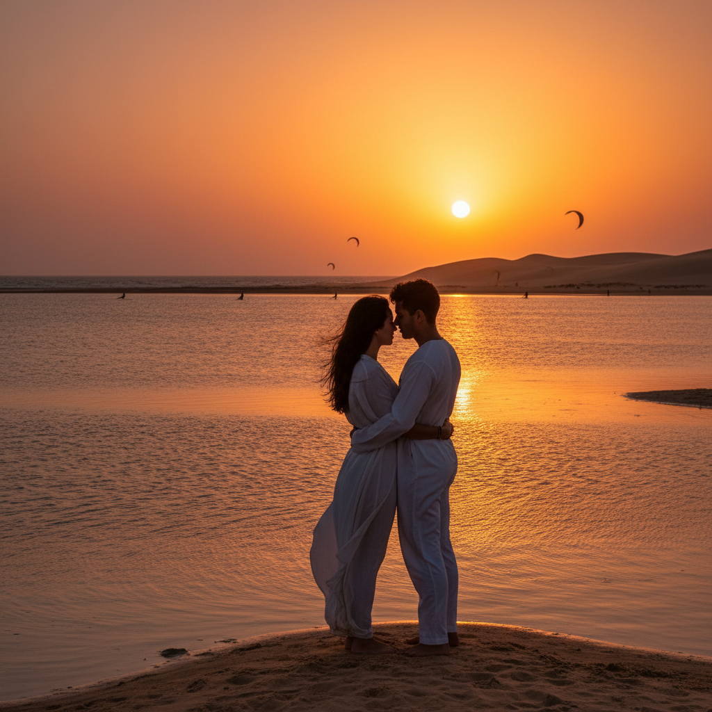 Couple watching sunset Dakhla lagoon Western Sahara Atlantic romantic golden