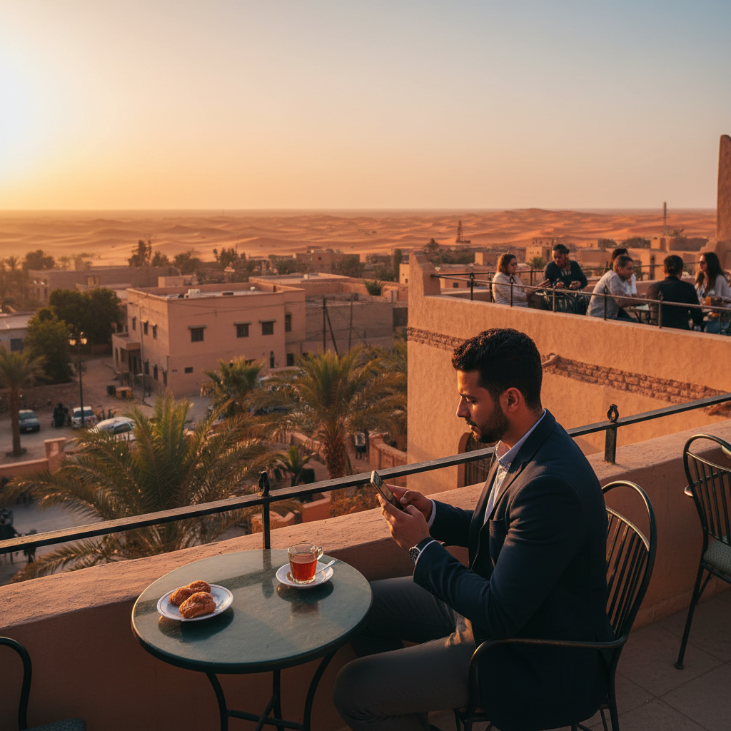 Young professional smartphone Laayoune Western Sahara cafe terrace