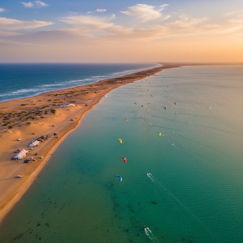 Dakhla Western Sahara lagoon kite surfing turquoise Atlantic aerial paradise