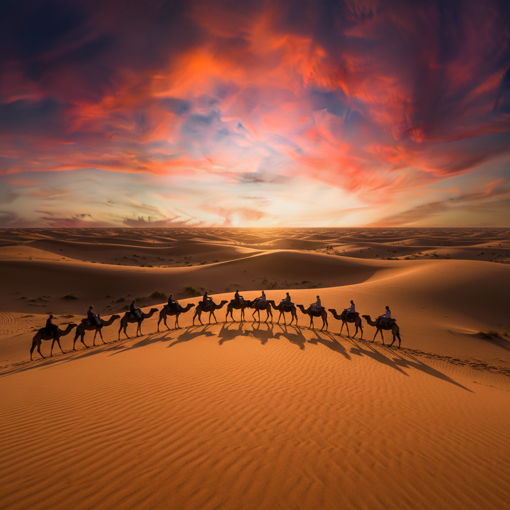 Western Sahara Sahara desert sand dunes sunset golden camel caravan dramatic