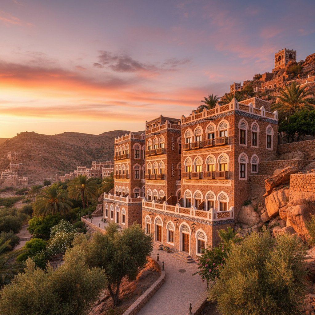 traditional guesthouse or hotel exterior in Yemen, horizontal