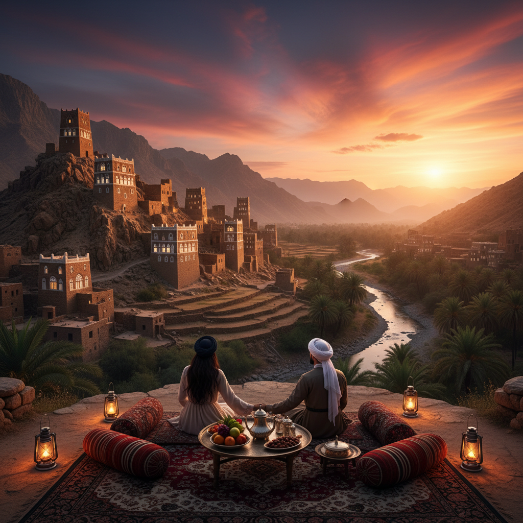 romantic evening setting in a Yemeni setting, horizontal