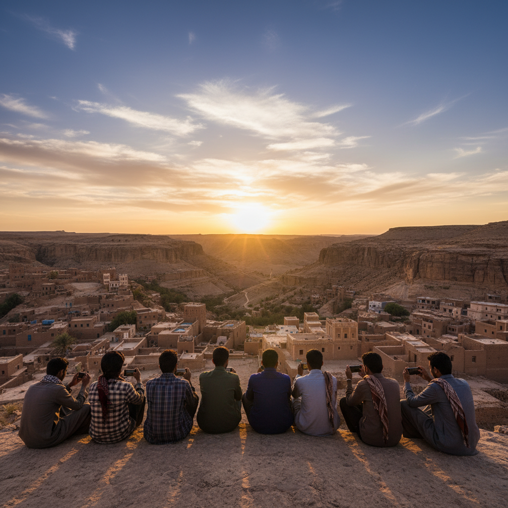 young adults discussing trends in a cafe in Yemen, horizontal