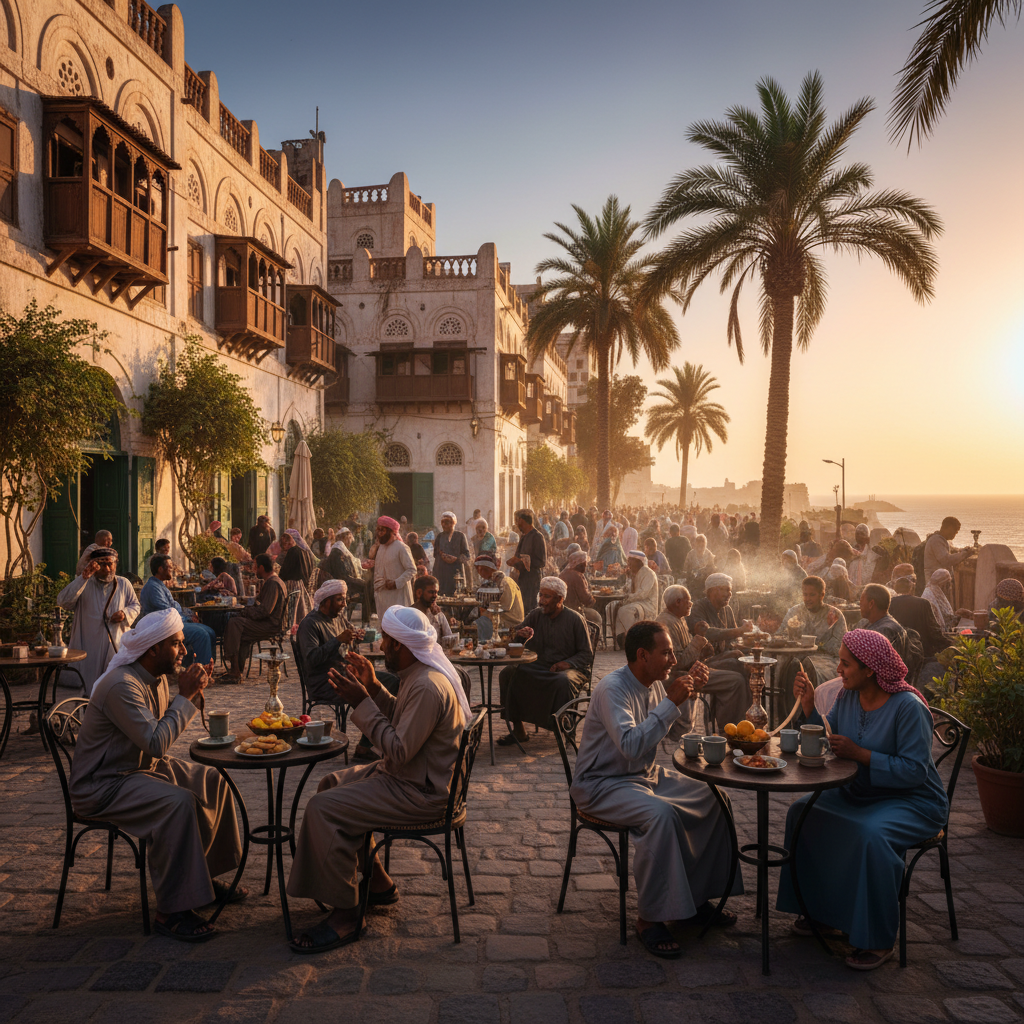popular cafe or restaurant gathering place in Yemen, horizontal