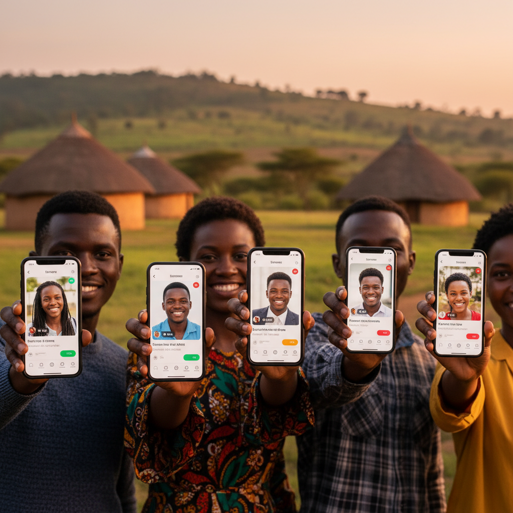 Online dating app interfaces on phones, diverse young Zimbabwean adults, close-up, horizontal