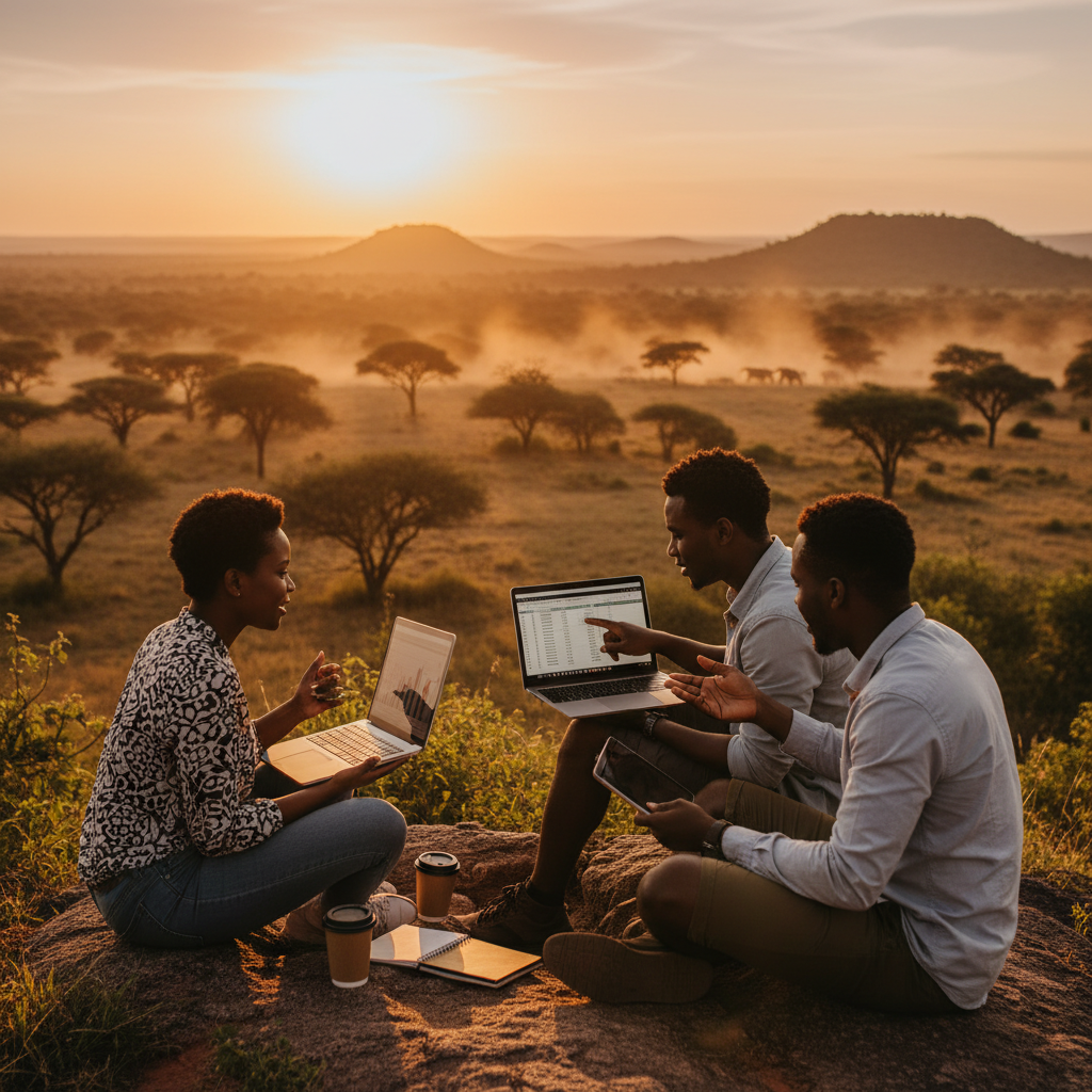 Young entrepreneurs discussing finances and online earning in Zimbabwe, laptops, horizontal