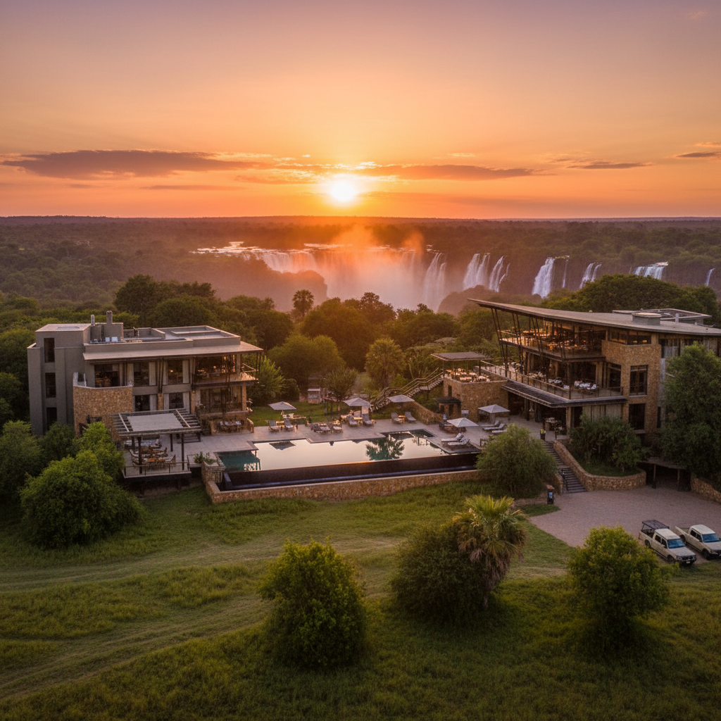 Contemporary hotels and accommodation in Victoria Falls, Zimbabwe, modern architecture, horizontal