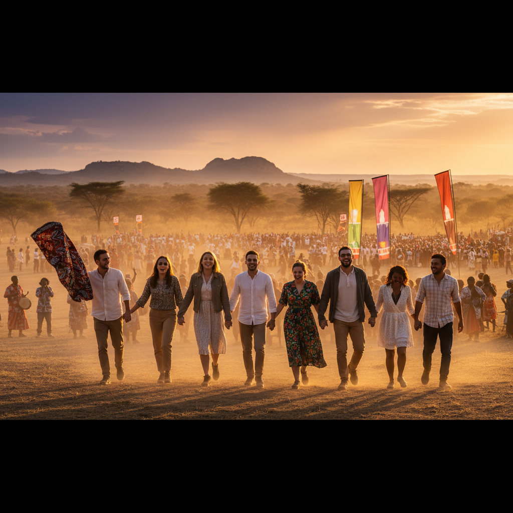 Group of friends joining an event in Zimbabwe, smiling, excited, horizontal