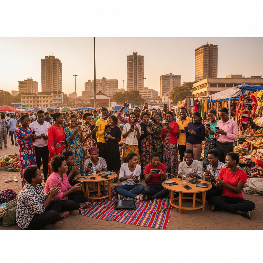 WhatsApp and Facebook usage in Zimbabwe, urban social gathering, wide shot