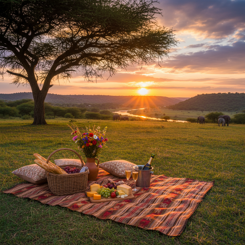 Romantic picnic setup in a scenic park in Zimbabwe, golden hour, horizontal