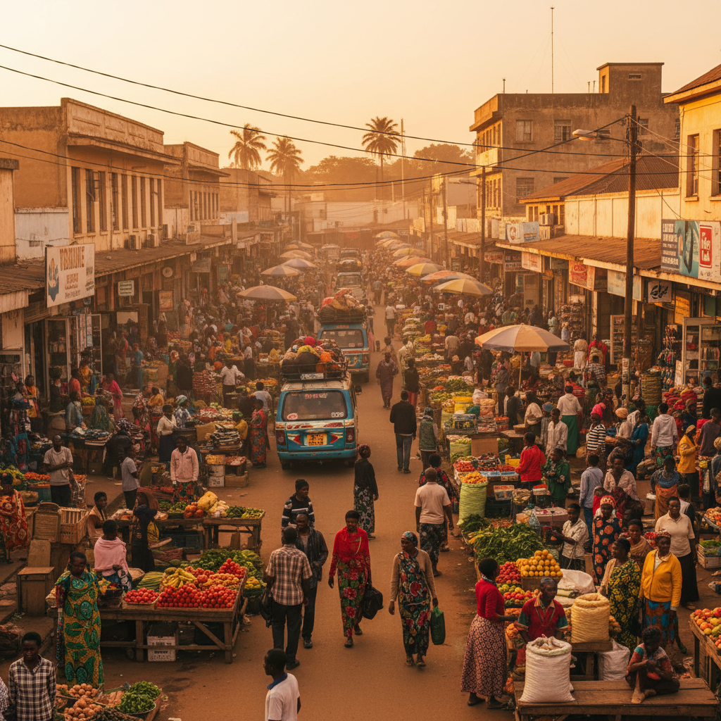 Busy marketplace and shopping street in Gweru, Zimbabwe, bustling activity, horizontal