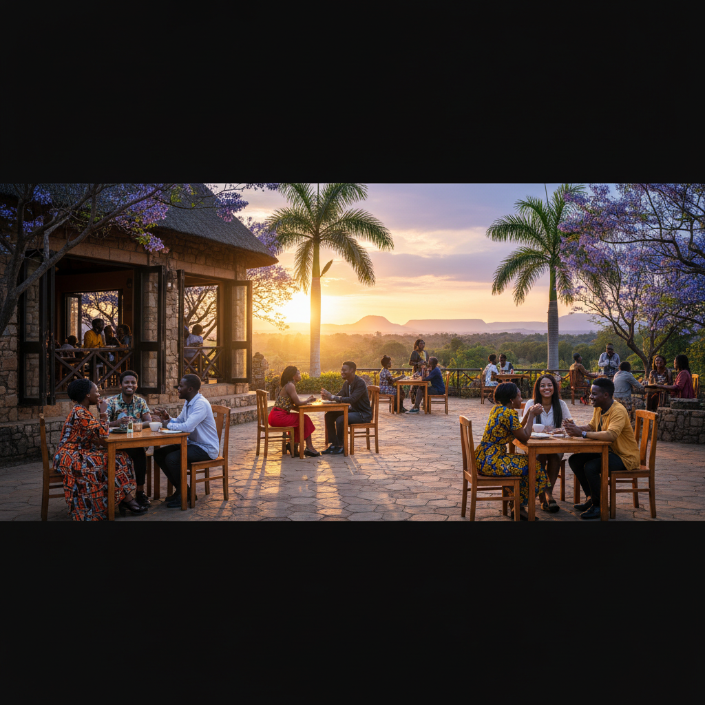 Young couples meeting at a popular cafe in Bulawayo, Zimbabwe, natural light, horizontal