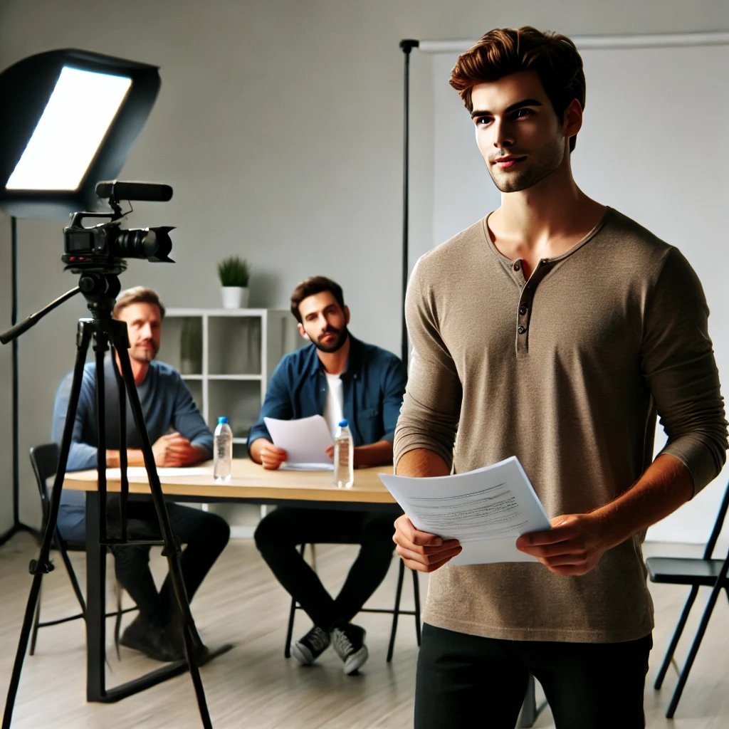 A confident actor standing in an audition room, delivering their lines to a casting panel. The casting panel consists of three professionals sitting b