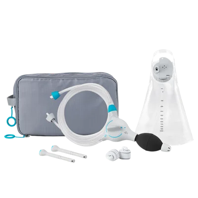 Coloplast Peristeen Plus System mit Ballonkatheter: Kontrolleinheit, Schlauch, Wasserbeutel, Befestigungsbänder und Kulturbeutel