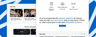 Na dvou obrazovkách je web Creative InnoMind Festival. Na přední obrazovce jsou statistiky festivalu a výzva k přihlášení. Pod tím je sekce "Novinky". Na zadní obrazovce je vidět sekce "Novinky" a také "Věkové kategorie" s dlaždicemi "Junior" a "Senior".