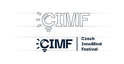 Na obrázku jsou dvě verze loga CIMF. V horní části je obrysová verze loga, která ukazuje text CIMF, přičemž písmeno C je tvořeno ve tvaru žárovky, z níž vystřelují paprsky. V dolní části je plná, tmavě modrá verze loga s textem "Czech InnoMind Festival".