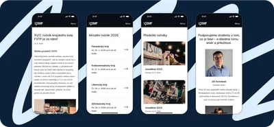 Čtyři obrazovky mobilního telefonu, na kterých je zobrazen web Creative InnoMind Festival. První obrazovka obsahuje novinku "XVII. ročník krajského kola FVTP za námi!". Druhá obrazovka ukazuje nadpis "Aktuální ročník 2026" a seznam termínů pro různé kraje. Třetí obrazovka s nadpisem "Předešlé ročníky" zobrazuje fotografie z předchozích ročníků. Poslední obrazovka obsahuje sekci "Podporujeme studenty v tom, co je baví" s fotografií a popisem Jiří Formánek.