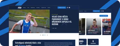 Na dvou obrazovkách je web Atletika Hvězda Pardubice, přičemž na přední je vidět úvodní stránka s fotkou atelta a hlavními novinkami a na zadní je sekce "Vize a ocenění atletů" s fotografiemi atletů.