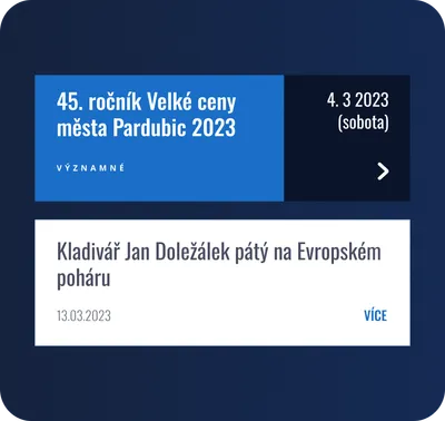 Dvě novinky z webu Atletika Hvězda. Jedna je modrá dlaždice s nadpisem "45. ročník Velké ceny města Pardubic 2023" a datem. Druhá je bílá dlaždice s nadpisem "Kladivář Jan Doležálek pátý na Evropském poháru".
