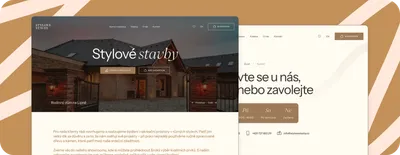 Dvě obrazovky ukazují webové stránky firmy Stylové stavby. Vlevo je úvodní stránka s fotkou moderního domu, vpravo je stránka s kontakty.