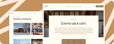 Dvě obrazovky ukazují web Stylové stavby. Vlevo je stránka "Stavby a realizace" s ukázkami projektů. Vpravo je stránka "Showroom" s velkým nadpisem "Zveme vás k nám." a textem o výběru materiálů.
