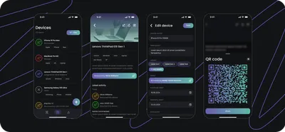 Čtyři obrazovky mobilního telefonu s aplikací pro správu IT zařízení. Obrazovky zobrazují seznam zařízení, detail konkrétního zařízení, formulář pro jeho úpravu a QR kód pro sdílení.