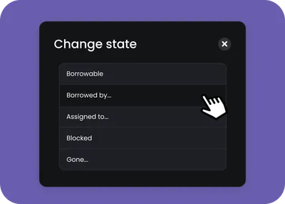 Vyskakovací okno s nadpisem "Change state" (Změnit stav). Okno nabízí pět možností a kurzor ukazuje na "Assigned to...".