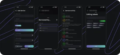 Čtyři obrazovky mobilního telefonu s aplikací pro správu IT zařízení. Zobrazují formulář pro přidání nového zařízení, okno pro určení vypůjčitele, záznam aktivit a úpravu štítků.