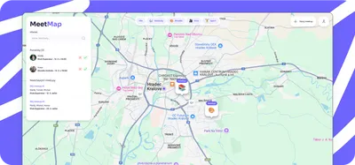 Webová aplikace MeetMap. V levé části je postranní panel s mapou a vyhledáváním událostí. Na pravé straně je mapa Hradce Králové s ikonami různých událostí.