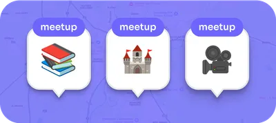  Tři ikony meetupů na mapě Hradce Králové. Ikony jsou v bublině s nápisem "meetup".