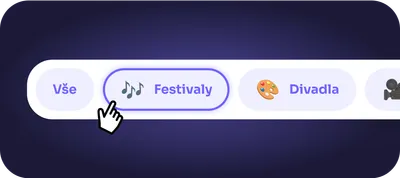 Detail z rozhraní aplikace Meetup, kde si uživatel volí typ události. Ukazuje se zde kurzor ve tvaru ruky, který se chystá kliknout na tlačítko "Festivaly".